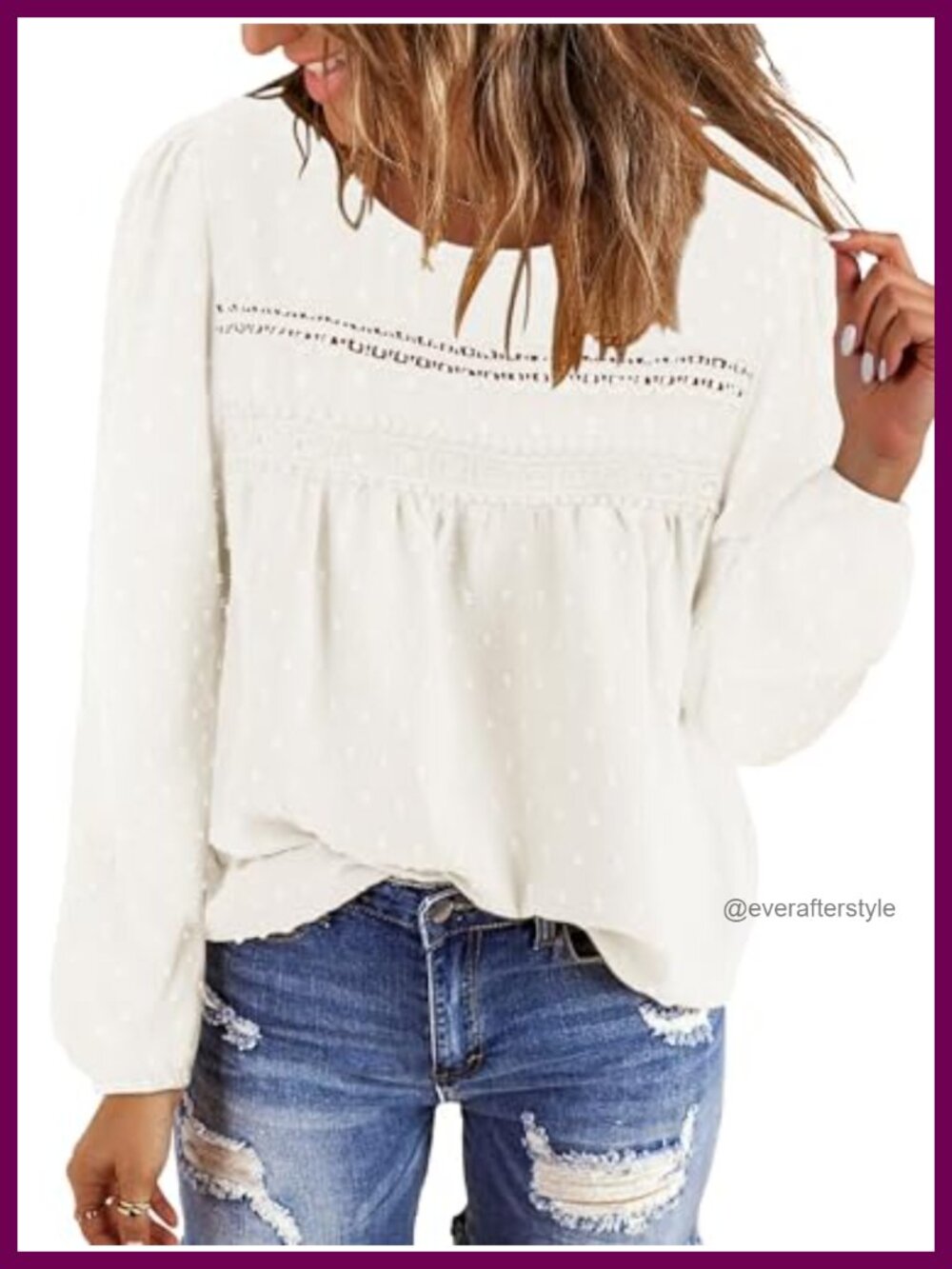 Womens Swiss Dot Long Sleeve Tunic Blouse Crewneck Flowy Boho Top